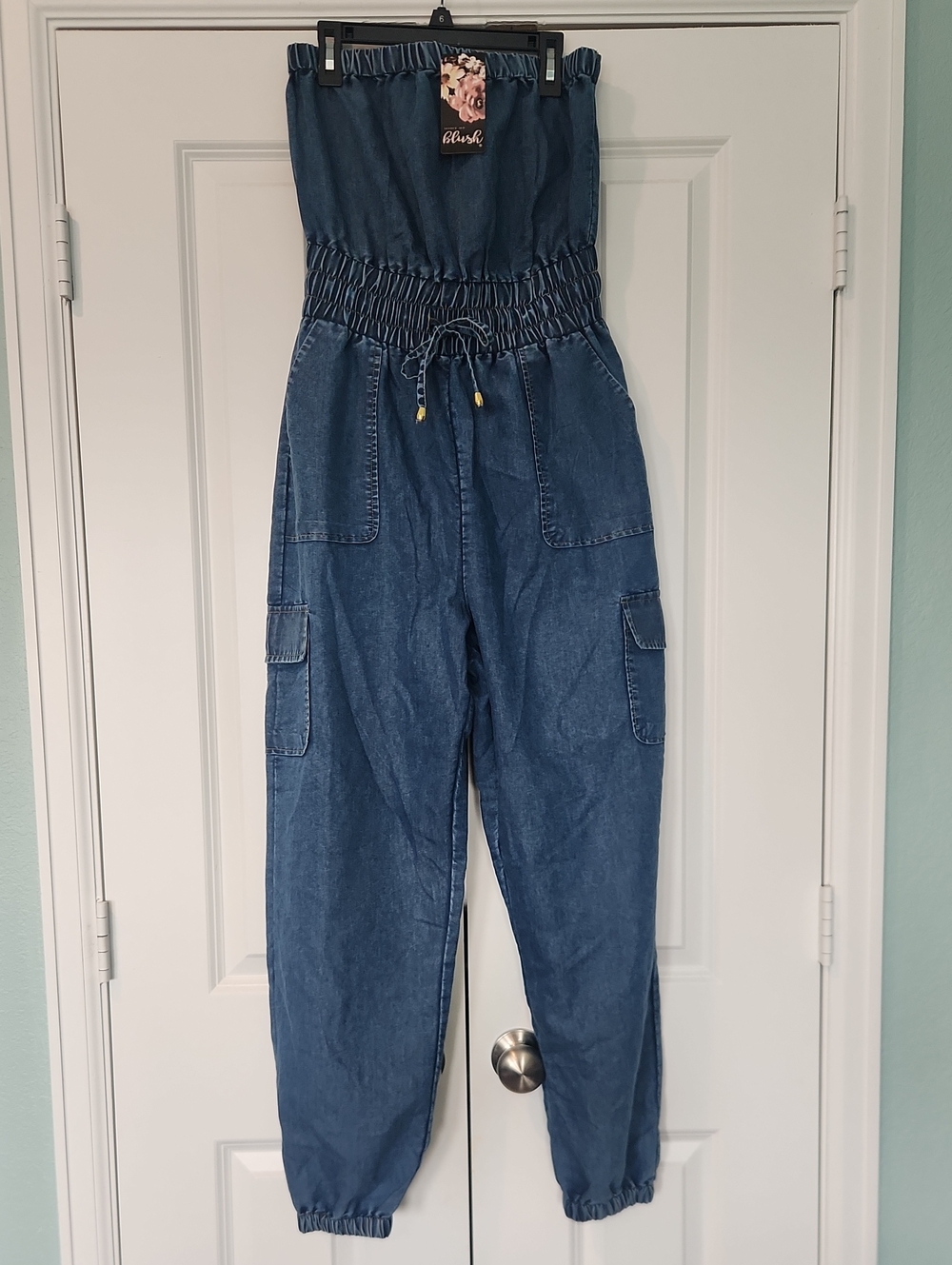 Denim Blue Strapless Cargo Jumpsuit